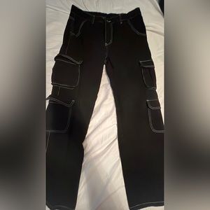 Black Shein Grunge Cargo Pants, White Stitching